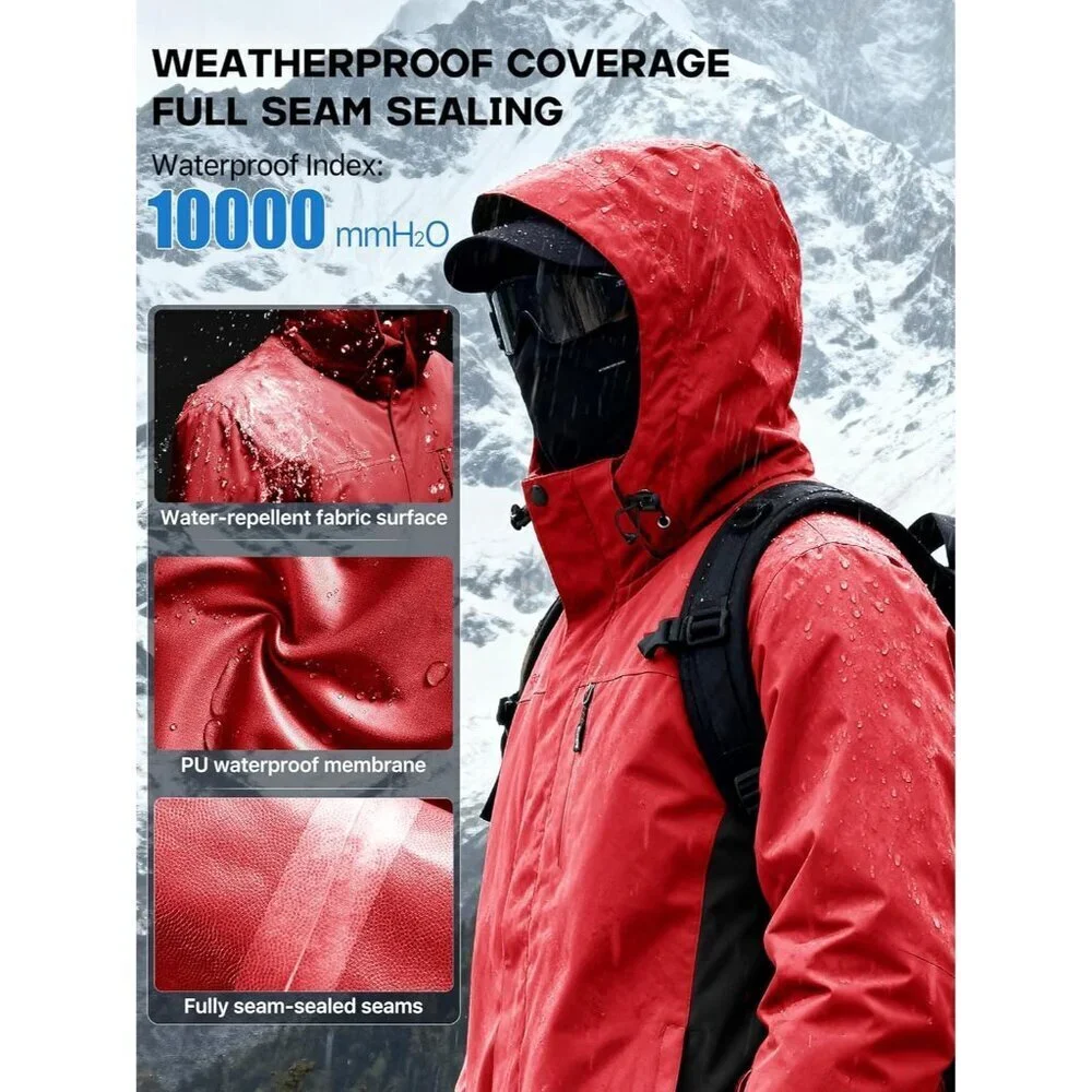 Men's Red Black Waterproof Ski Snow Fleece Lined Warm Winter Rain Jacket